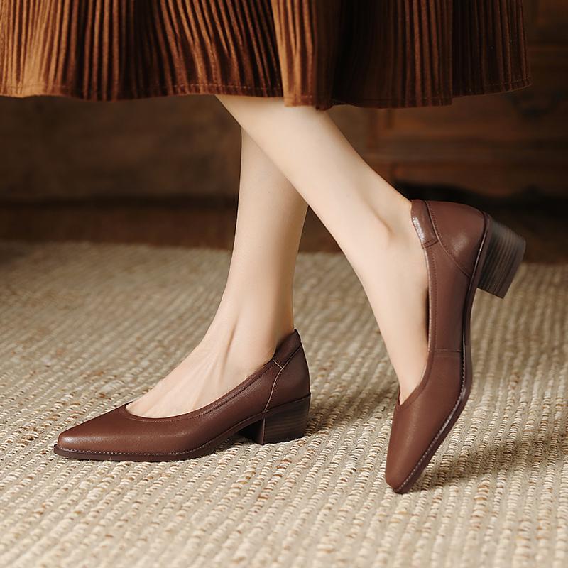 Women’s French-Style Pointed Toe Mid-Heel Leather Shoes