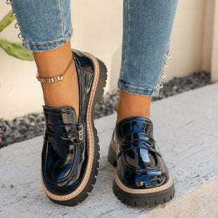 Autumn Leopard Print Patent Leather Women’s Shoes with Belt Buckle