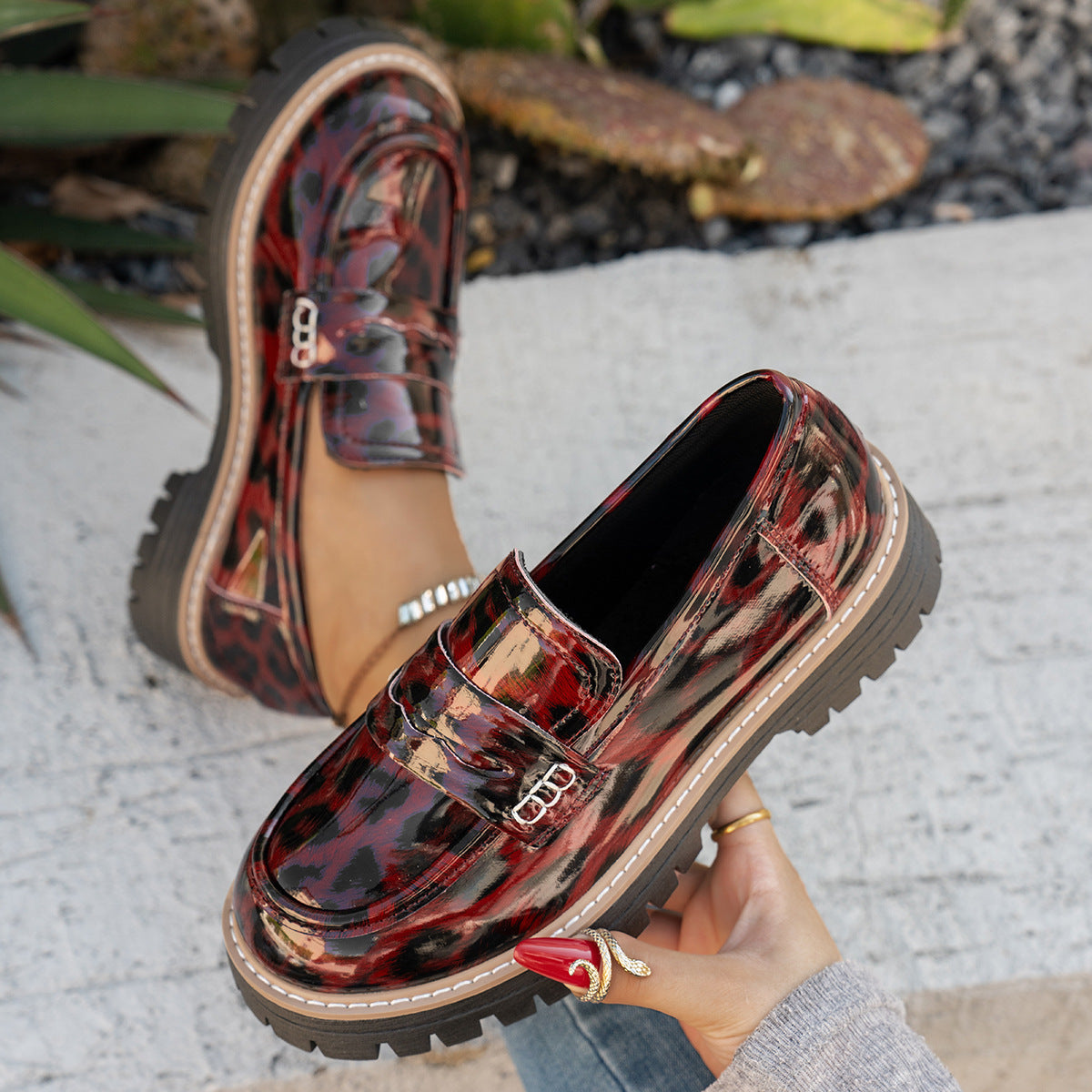 Autumn Leopard Print Patent Leather Women’s Shoes with Belt Buckle