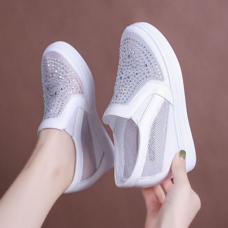 Women's Breathable Mesh Hidden-Heel White Sneakers