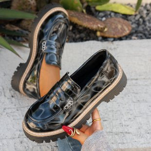 Autumn Leopard Print Patent Leather Women’s Shoes with Belt Buckle