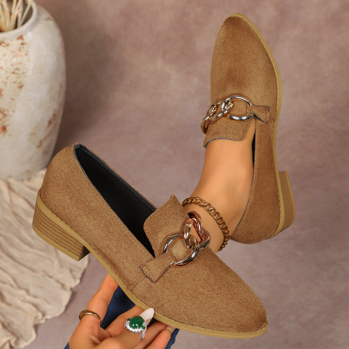 Women’s Chunky Heel Pumps with Metal Chain