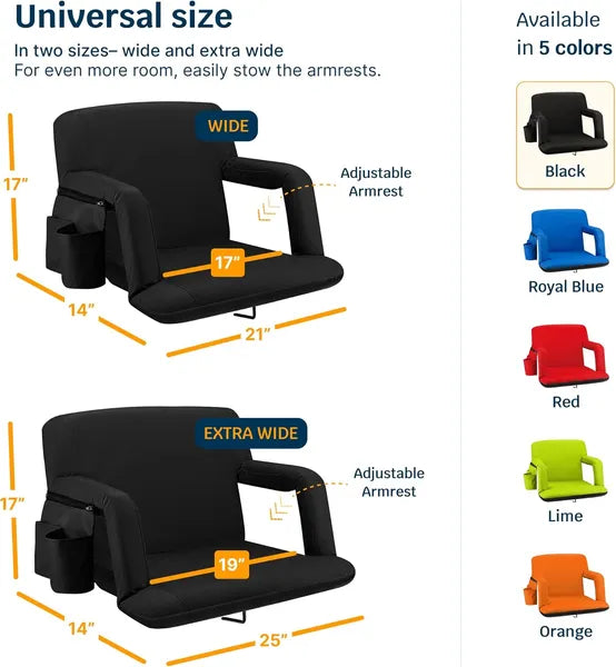 Black seat with adjustable armrest, measurements, and color options displayed.