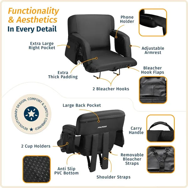 Black portable chair with features highlighted on a beige background