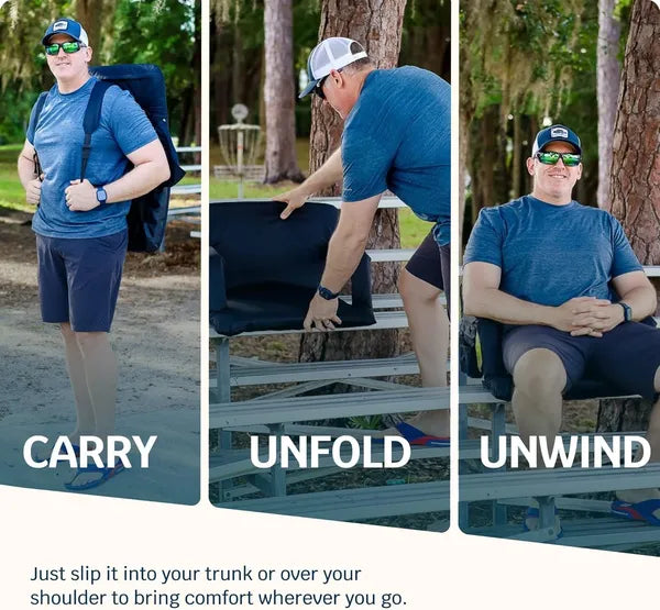 Collage of a man using a portable chair outdoors with text 'Carry', 'Unfold', and 'Unwind'.