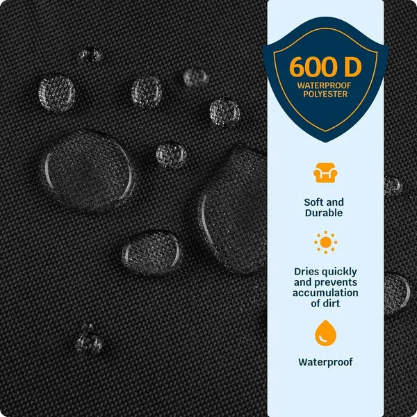 Textured black surface with water droplets and a waterproof feature label on the right.