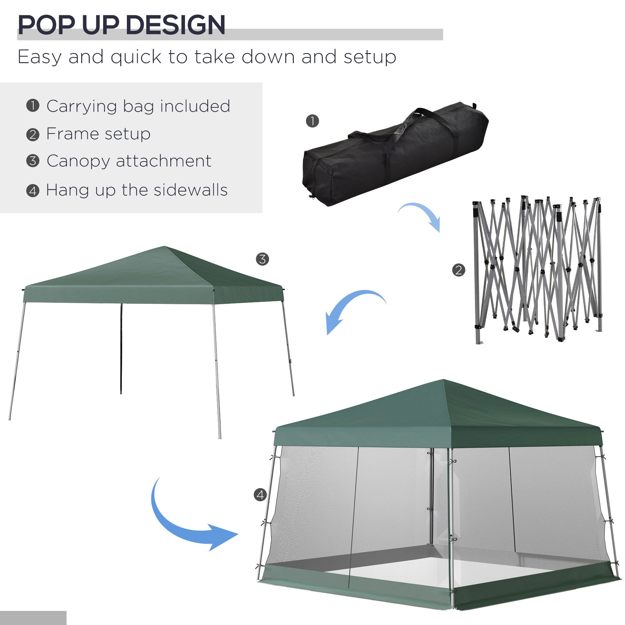 Slant Leg Pop Up Canopy Tent with Netting – Instant Sun Shelter, Height Adjustable, Outdoor Party, Garden & Patio Tent 11.5'x11.5' Base / 10'x10' Top, Green