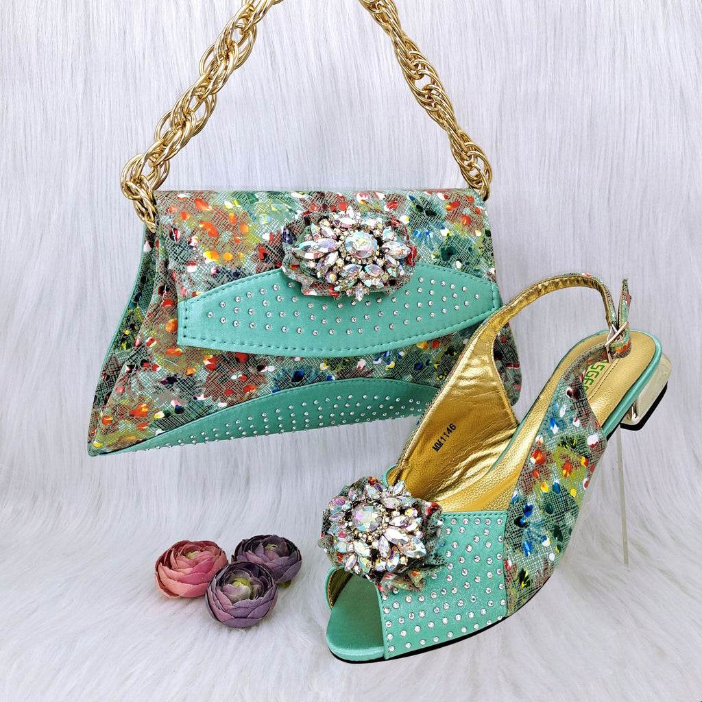 Mixed Color Flower Rhinestone Shoe Bag & Low Heel Set