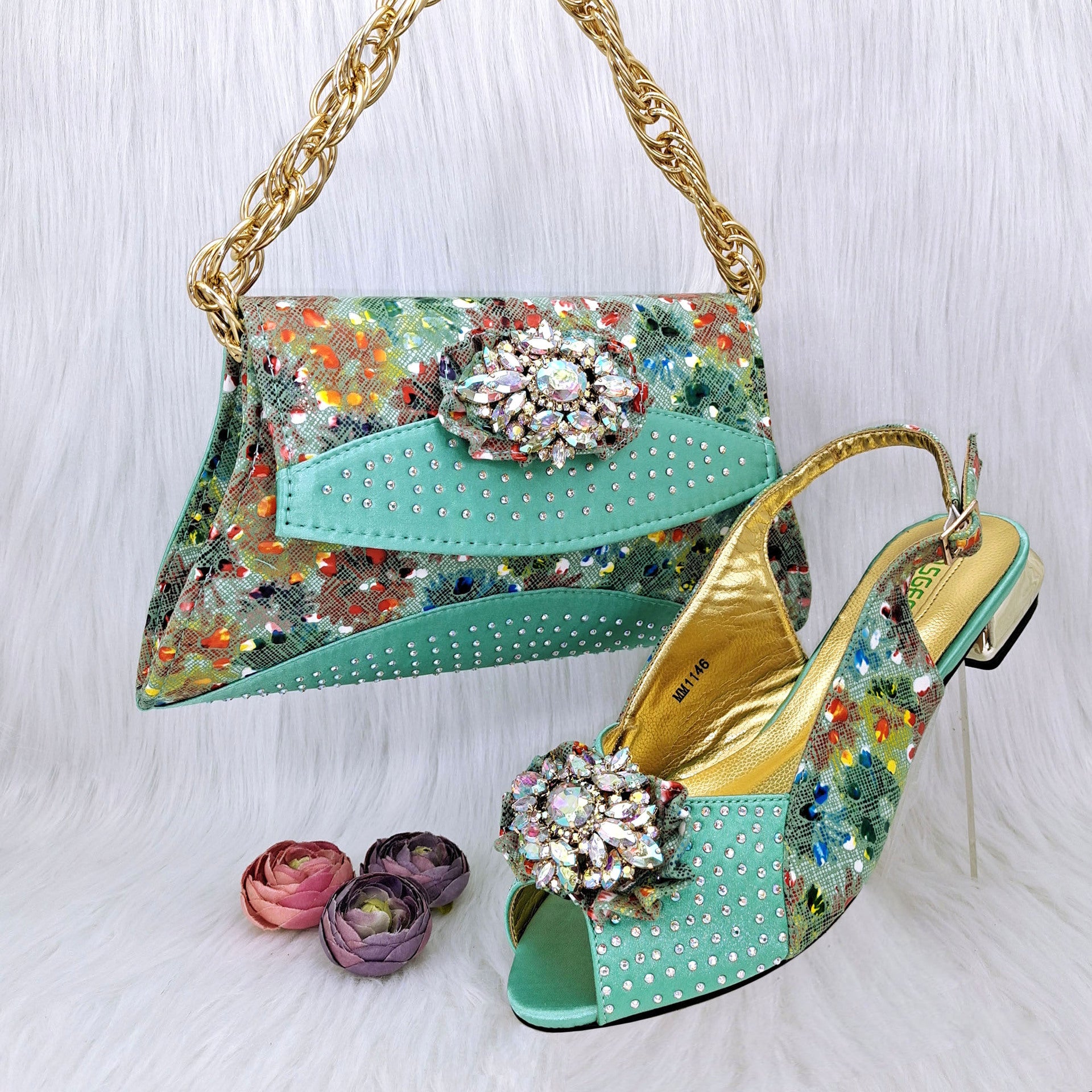 Mixed Color Flower Rhinestone Shoe Bag & Low Heel Set