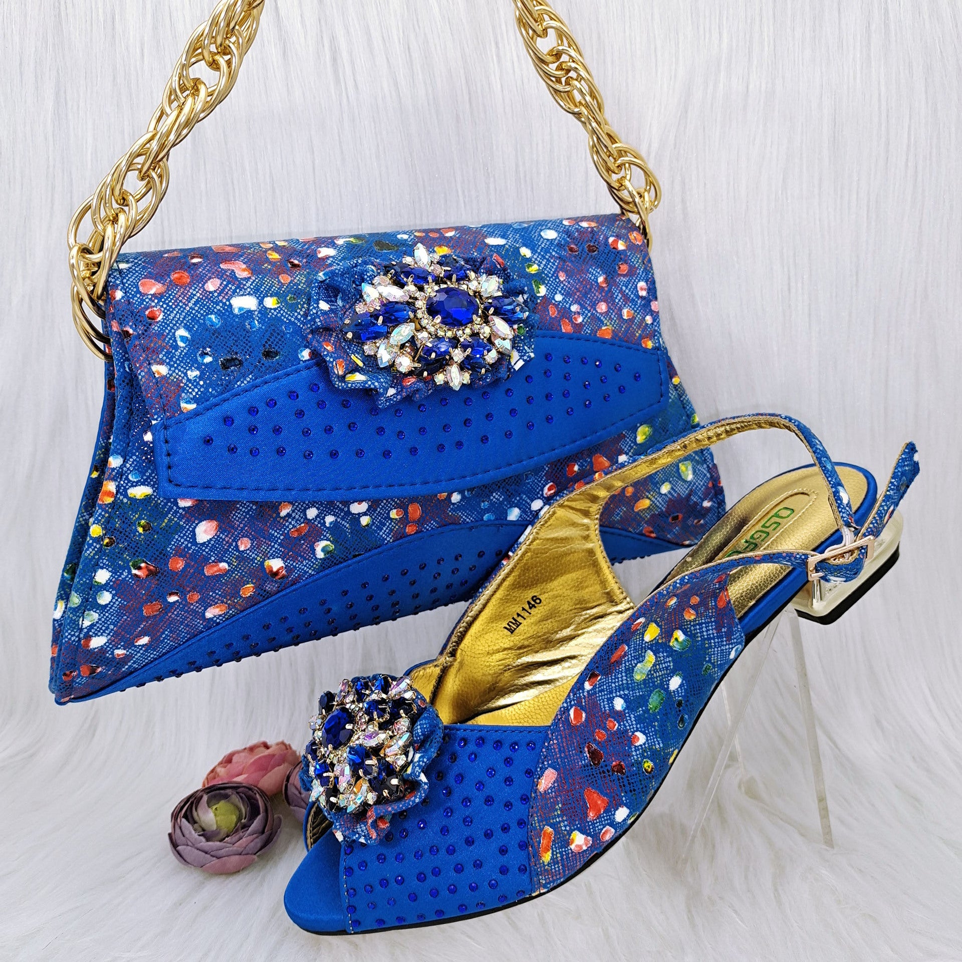 Mixed Color Flower Rhinestone Shoe Bag & Low Heel Set
