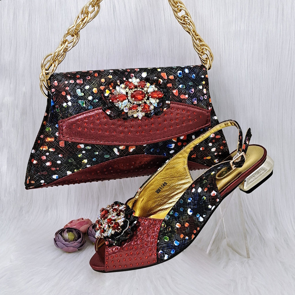 Mixed Color Flower Rhinestone Shoe Bag & Low Heel Set