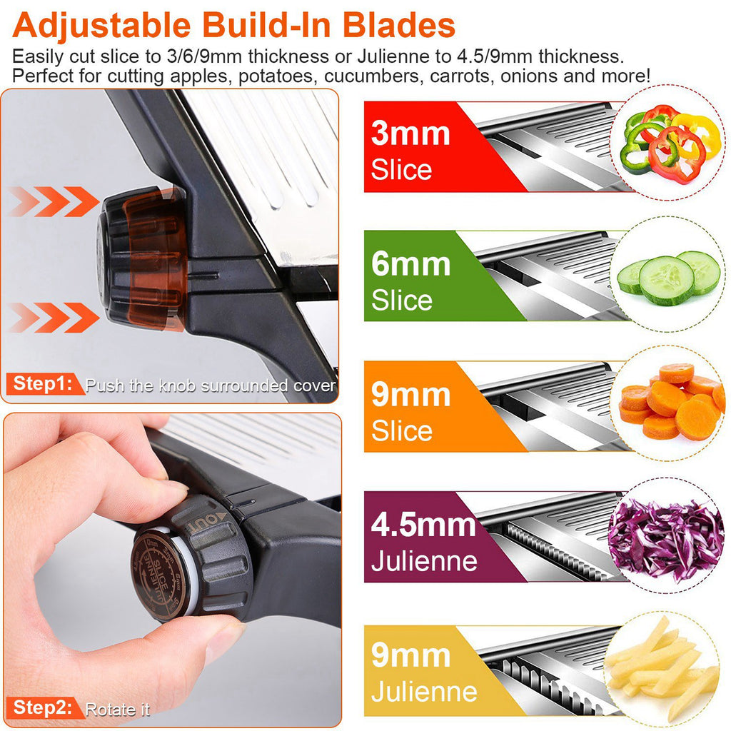 1Pc Mandoline Food Slicer Stainless Steel Food Cutter Vegetable Fruit Chopper Grater Peeler Kitchen Julienne Slicer With 5 Adjustable Blades Food Holder