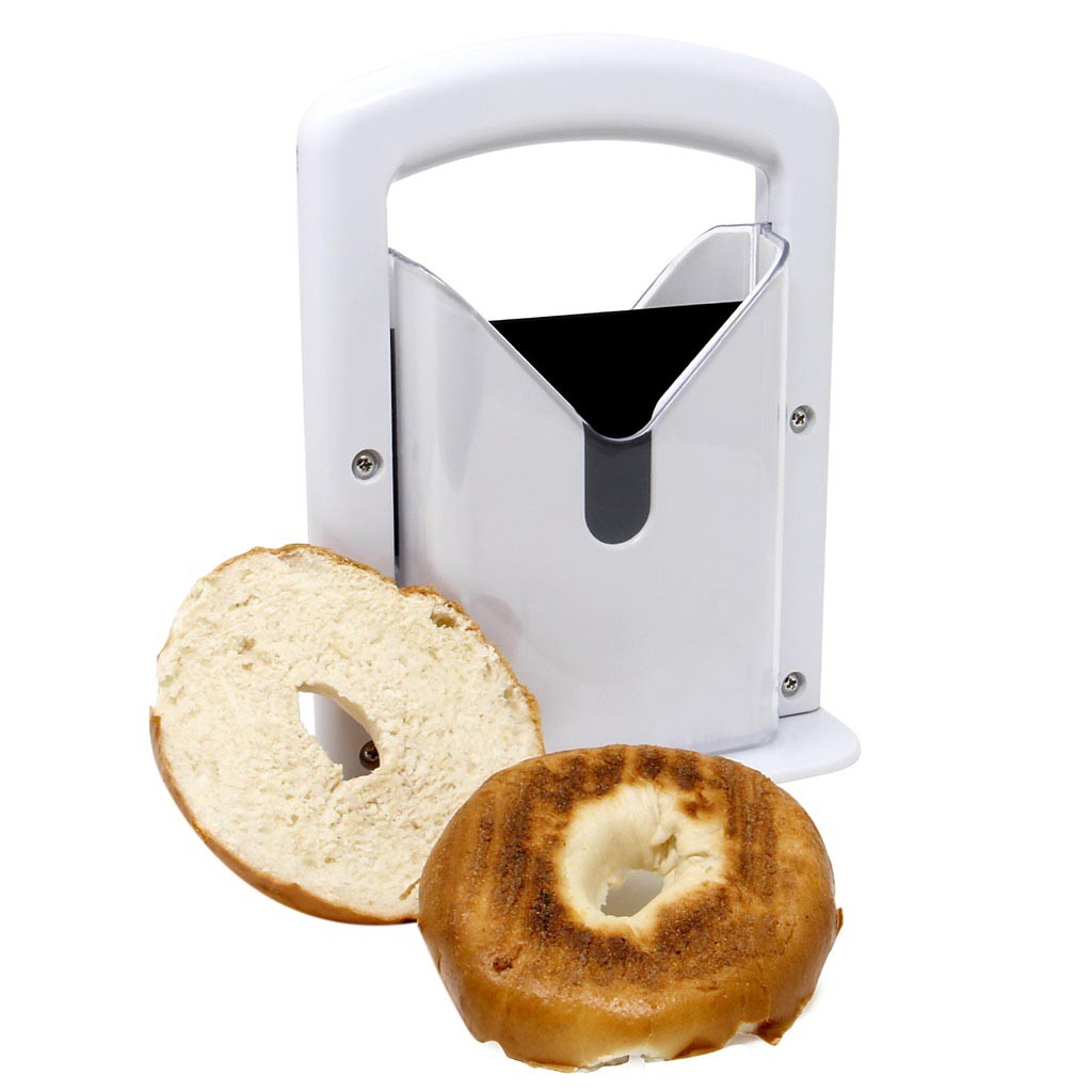 Dog head guillotine bread and bagel slicer cutter for safe and even kitchen bread slicing