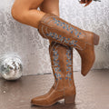 Winter Women’s Cowboy Boots Embroidered Pointed Toe Chunky Heel Western Knight Shoes
