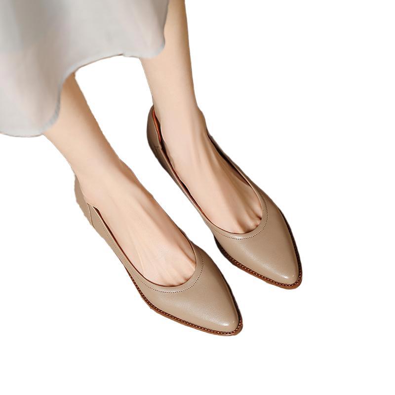 Women’s French-Style Pointed Toe Mid-Heel Leather Shoes