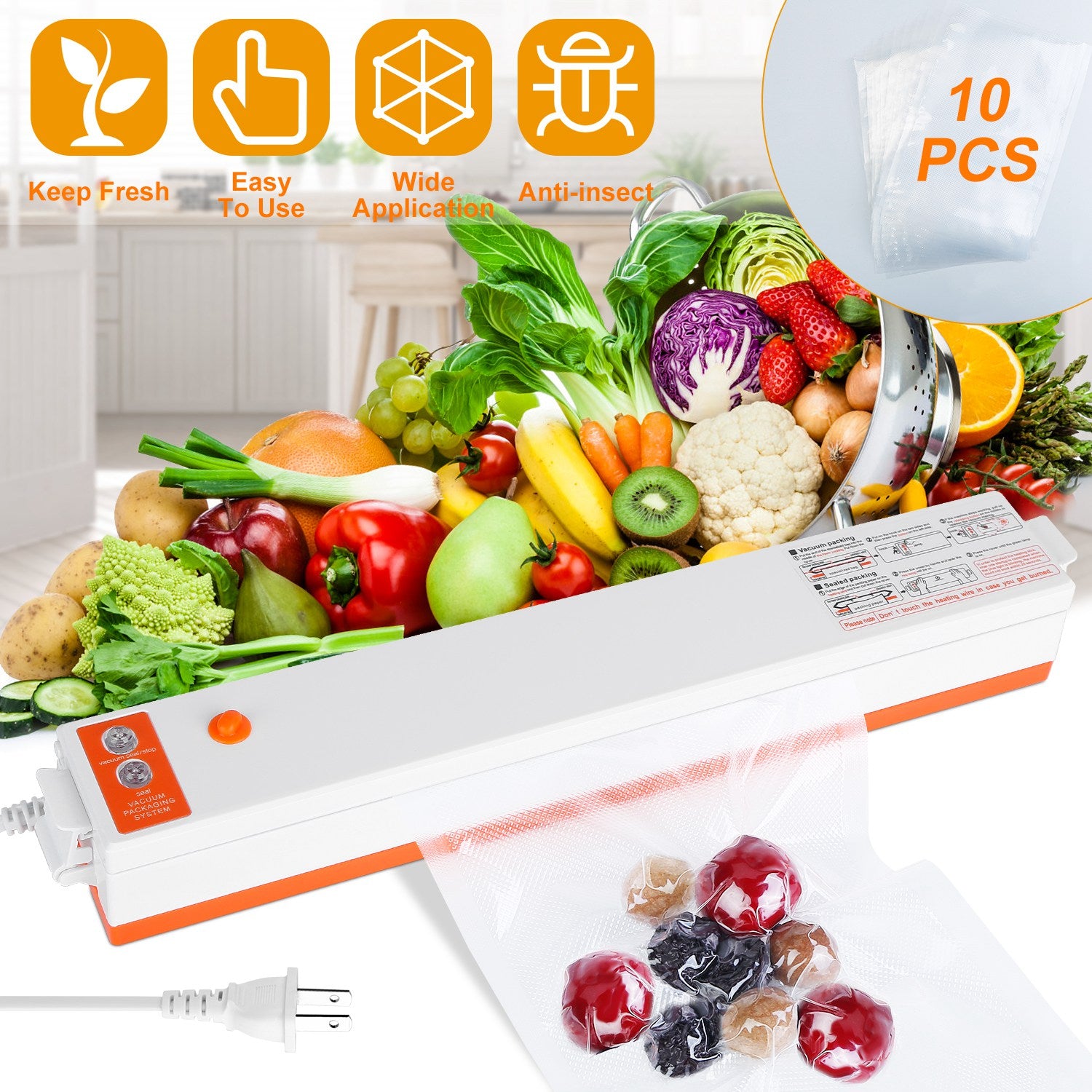 Vacuum sealer with fruits and vegetables on a kitchen counter, emphasizing freshness and ease of use.