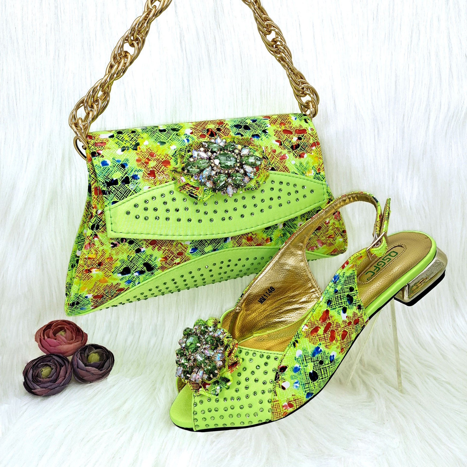 Mixed Color Flower Rhinestone Shoe Bag & Low Heel Set