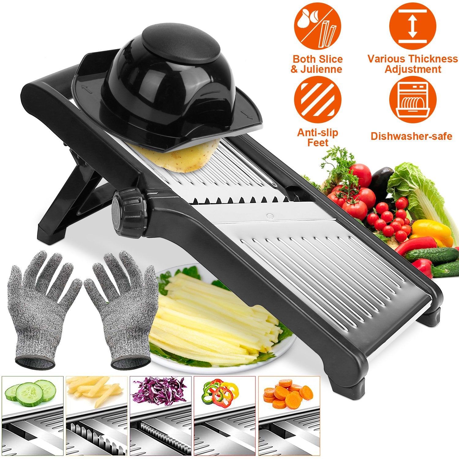 Stainless steel mandoline food slicer with adjustable blades for cutting vegetables and fruits