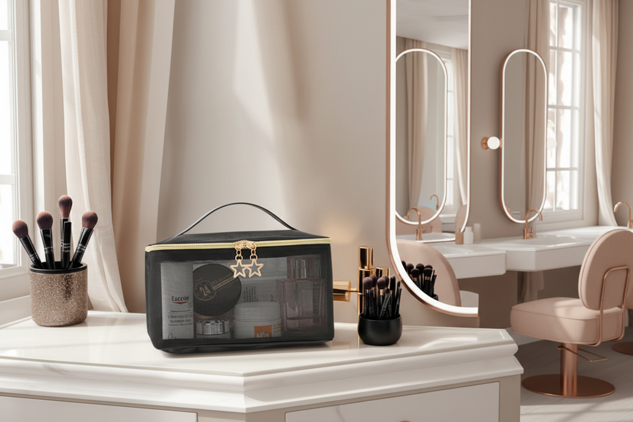 Hanging double layer black floral toiletry bag waterproof travel makeup organizer for women and girls