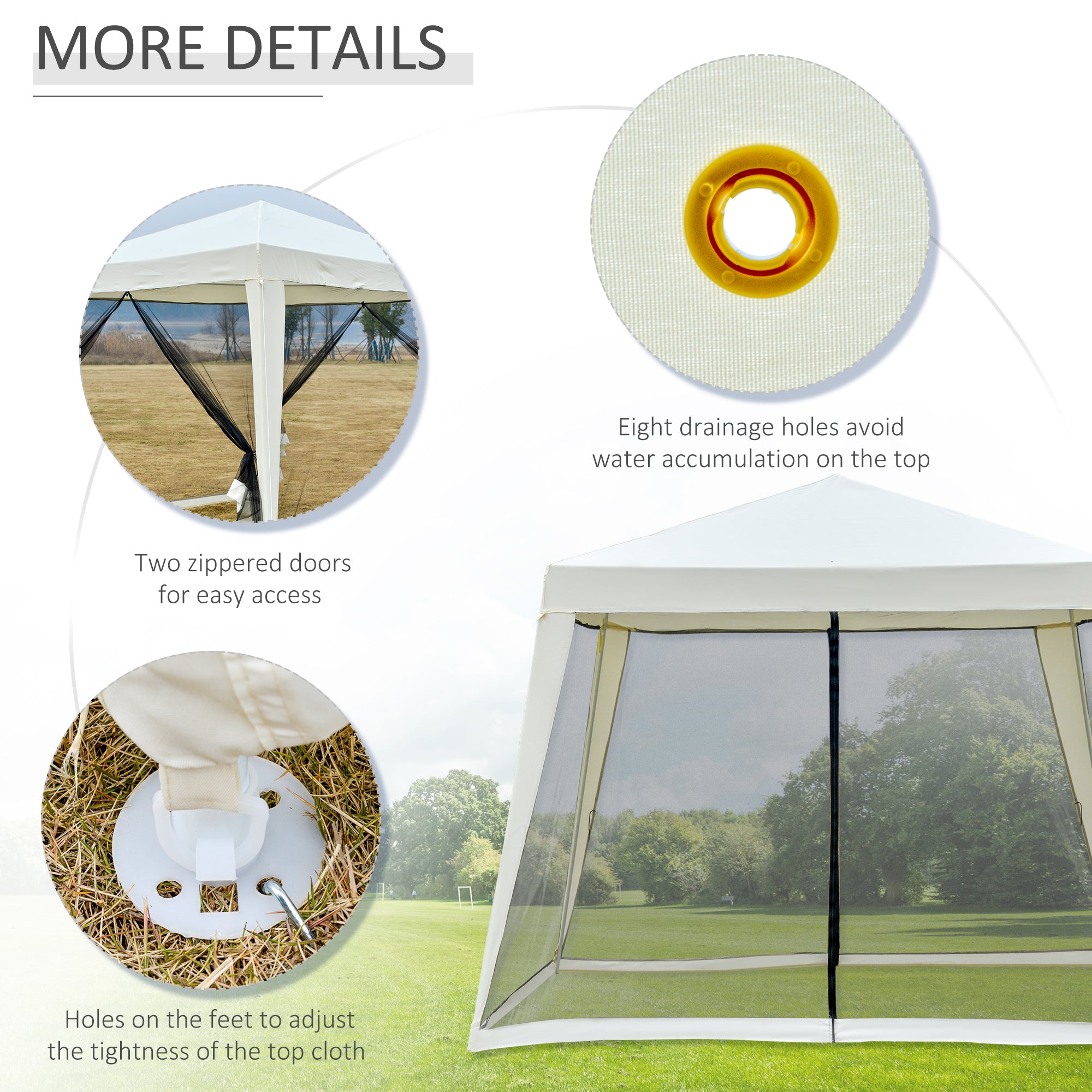 Outdoor canopy tent with slant legs and mesh sidewalls, cream white patio shelter for parties and backyard events