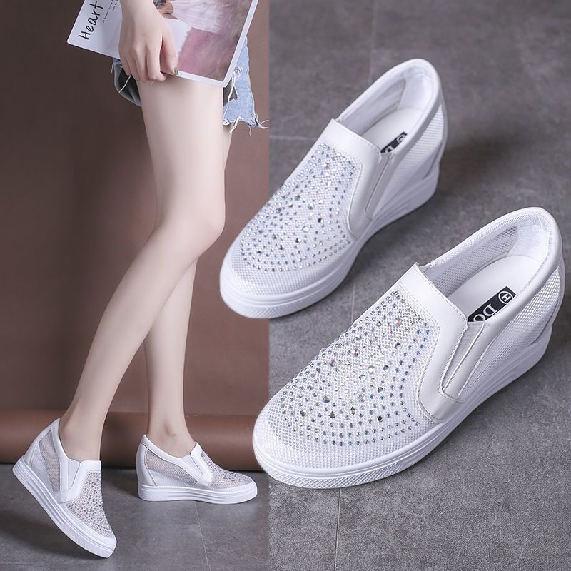 Women's breathable mesh white sneakers with hidden heel for casual and everyday wear