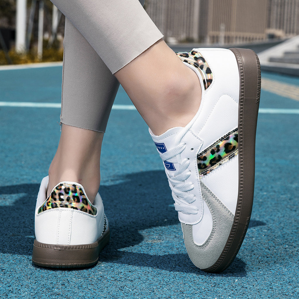 Women’s white lace-up casual sneakers with leopard print flat sole fashion walking shoes